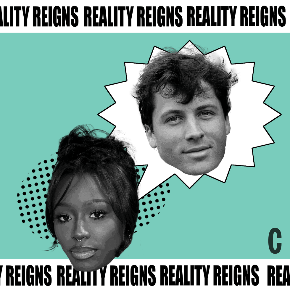 Two stylized black and white faces with bright teal background and text "REALITY REIGNS Two stylized black and white faces with bright teal background and text "REALITY REIGNS