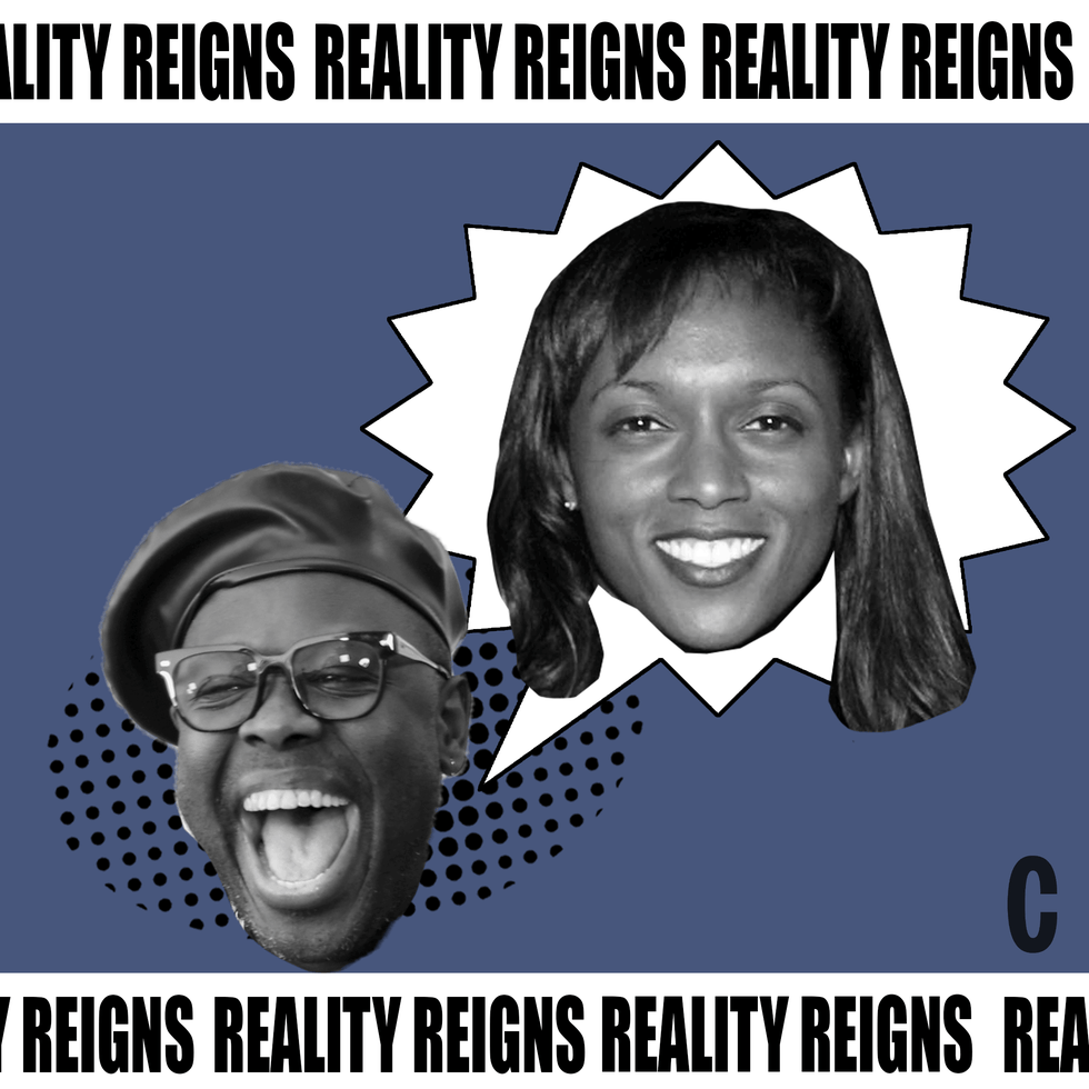 Collage with text "Reality Reigns" and two smiling faces in black and white. Collage with text "Reality Reigns" and two smiling faces in black and white.