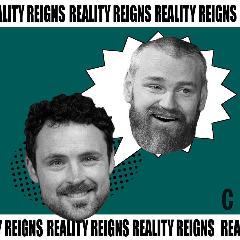 Two black and white faces with comic-style speech bubbles against a teal background, text repeating "Reality Reigns".