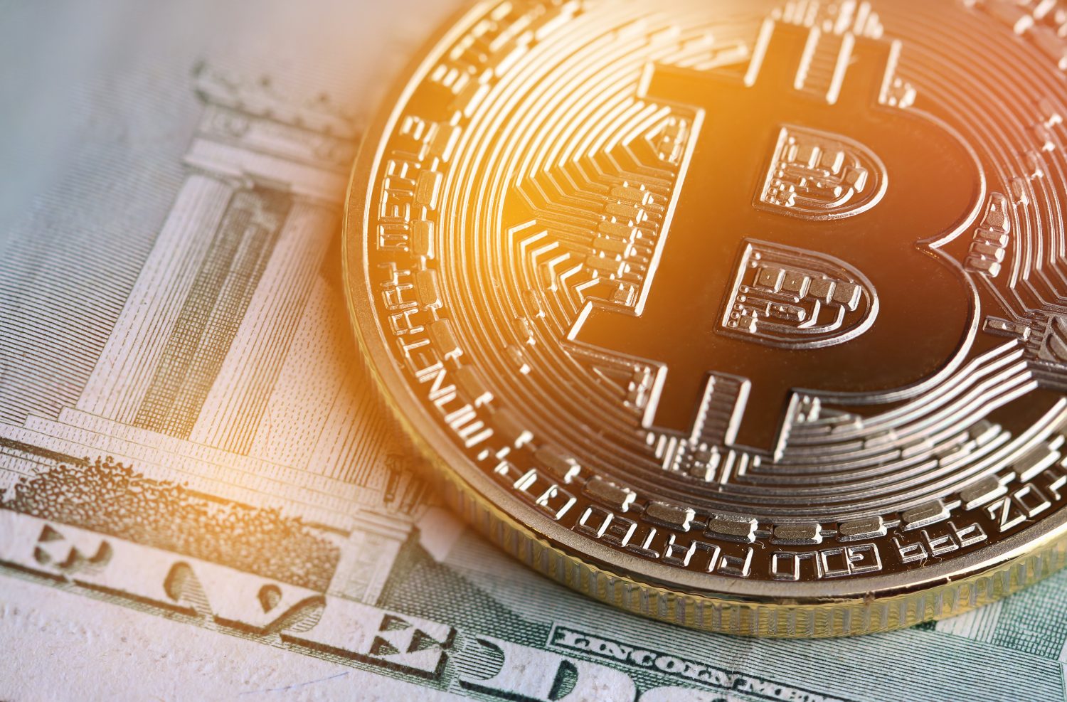 Bitcoin Cryptocurrency is Digital payment money, Gold coins with B letter symbol electronic circuit on EURO EYP20 bill.Cryptocurrency can uses designed,Business Finance and Investment Risk Ideas