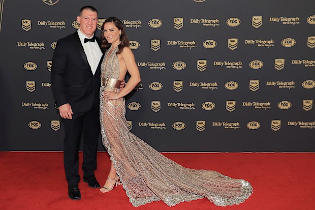 Paul Gallen of the Sharks poses with wife Anne Gallen ahead of the 2019 Dally M Awards