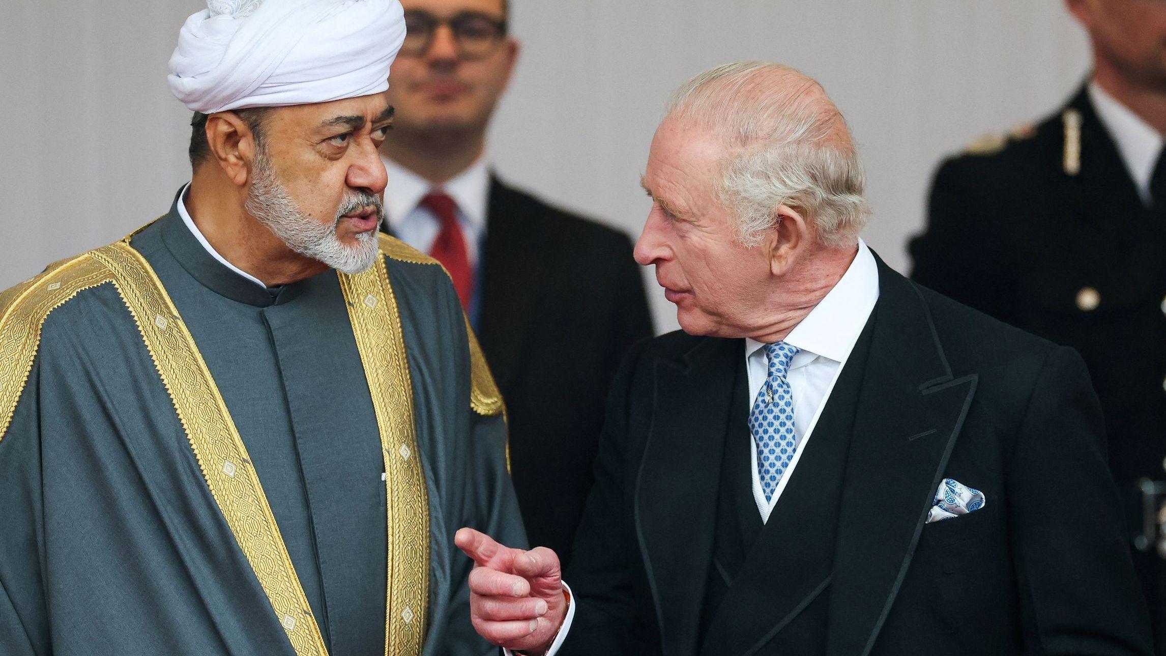 The Sultan of Oman with King Charles at Windsor - the king is in conversation and gesturing with his hand