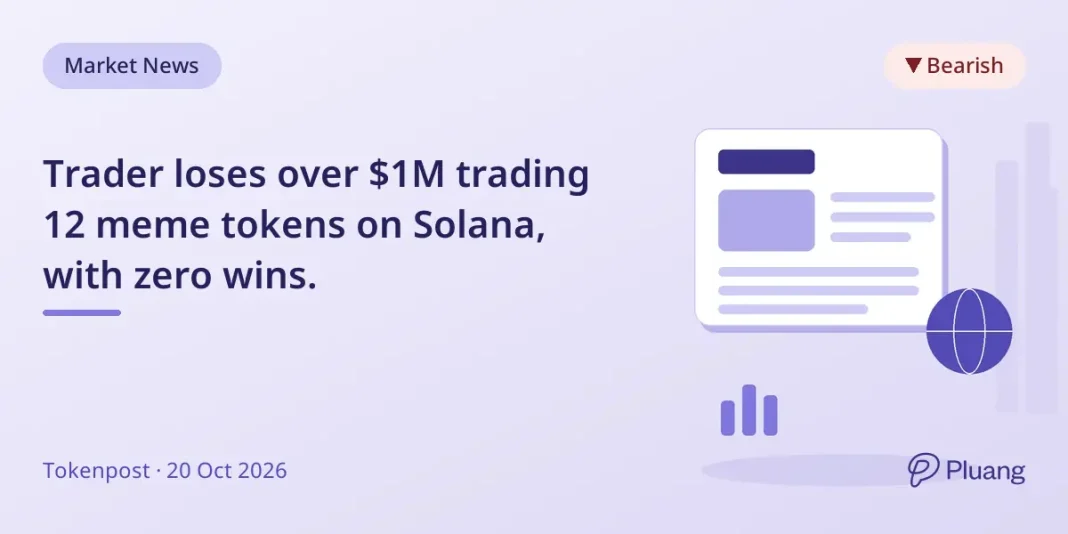 Trader loses over $1M trading 12 meme tokens on… Trader loses over $1M trading 12 meme tokens on Solana, with zero wins.