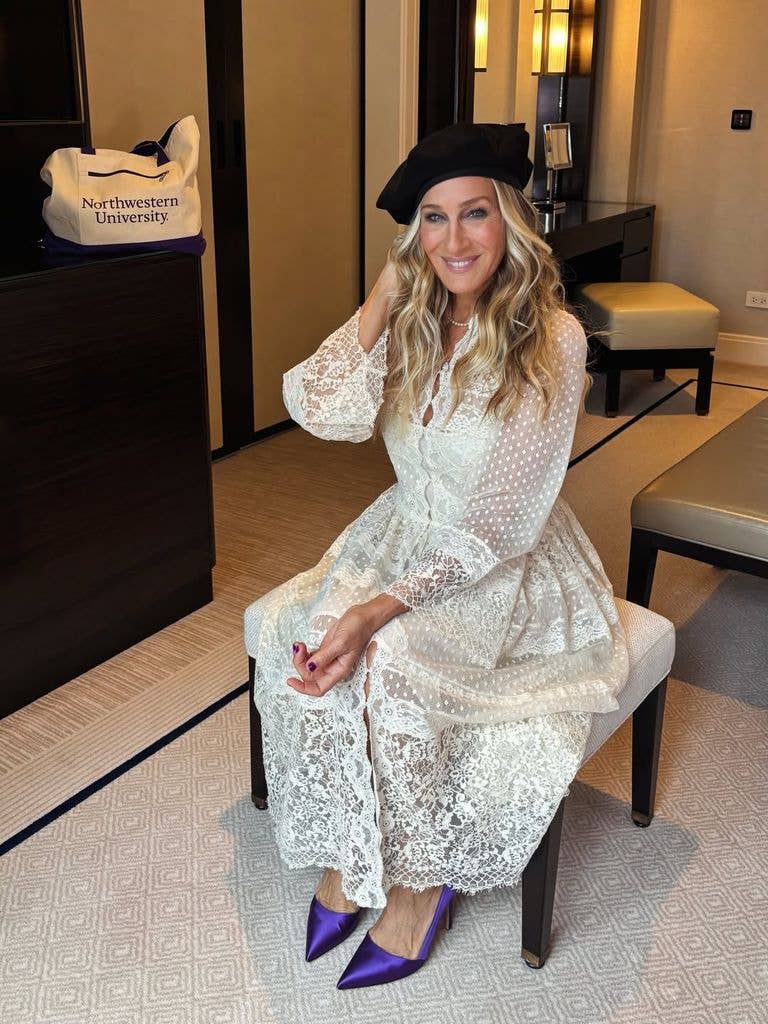 Sarah Jessica Parker prepares for the Northwestern University 2026 commencement ceremony on June 14, 2026, shared on Instagram