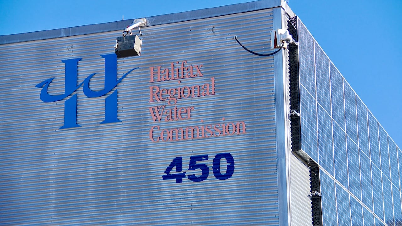 The corner of a commercial building with the words Halifax Regional Water Commission.