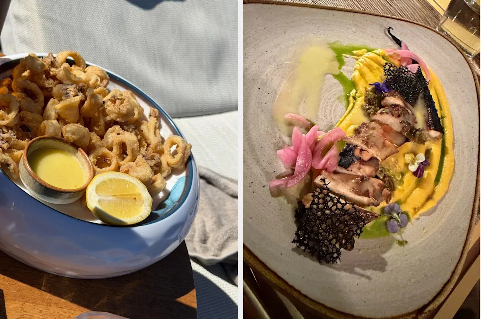 Two plates of gourmet food: left, fried calamari with dipping sauce; right, artfully plated seafood dish with garnishes and decorative elements
