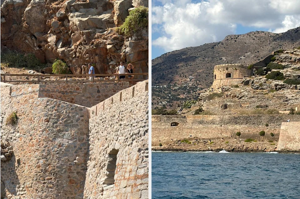 Two split images: left shows people walking along a stone fortress wall; right shows a coastal view of a historic stone fort against a rocky hillside