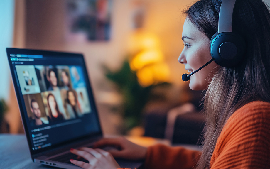 Remote Work Leaves Younger Workers Sidelined Photo of young caucasian woman working at her desk at home wearing a headsset and engaged in a videoteleconferencing call on her laptop computer.