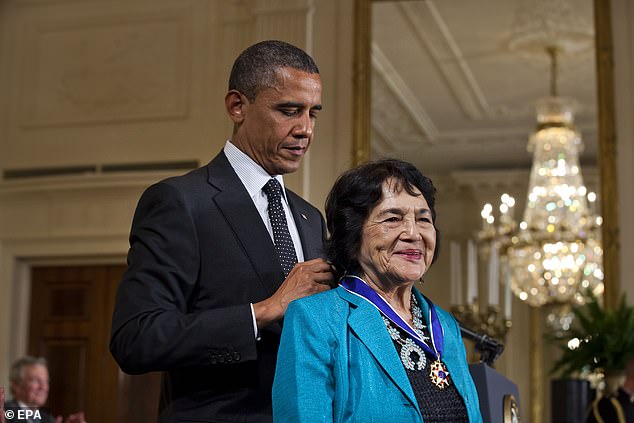Former President Barack Obama, who awarded Huerta with the Presidential Medal of Freedom in 2012, called her his 'hero' in a tribute