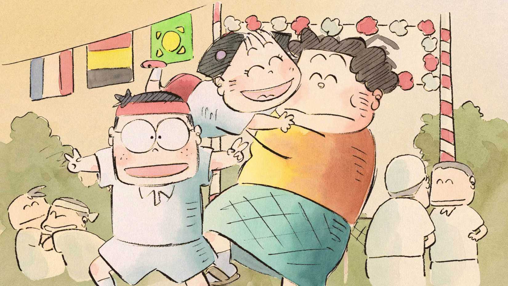 Matsuko celebrates with Noboru and Nonoko on sports day in My Neighbors the Yamadas.
