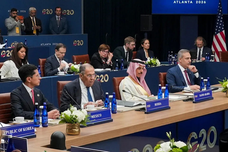 Mexico's Foreign Minister Roberto Velasco, Russia's Foreign Minister Sergei Lavrov, Saudi Arabia's Foreign Minister Faisal bin Farhan, Turkey's Foreign Minister Hakan Fidan attend the G20 Foreign Ministers Meeting in Atlanta, Friday, Oct. 30, 2026. (Megan Varner/Pool Photo via AP) - The Canadian Press