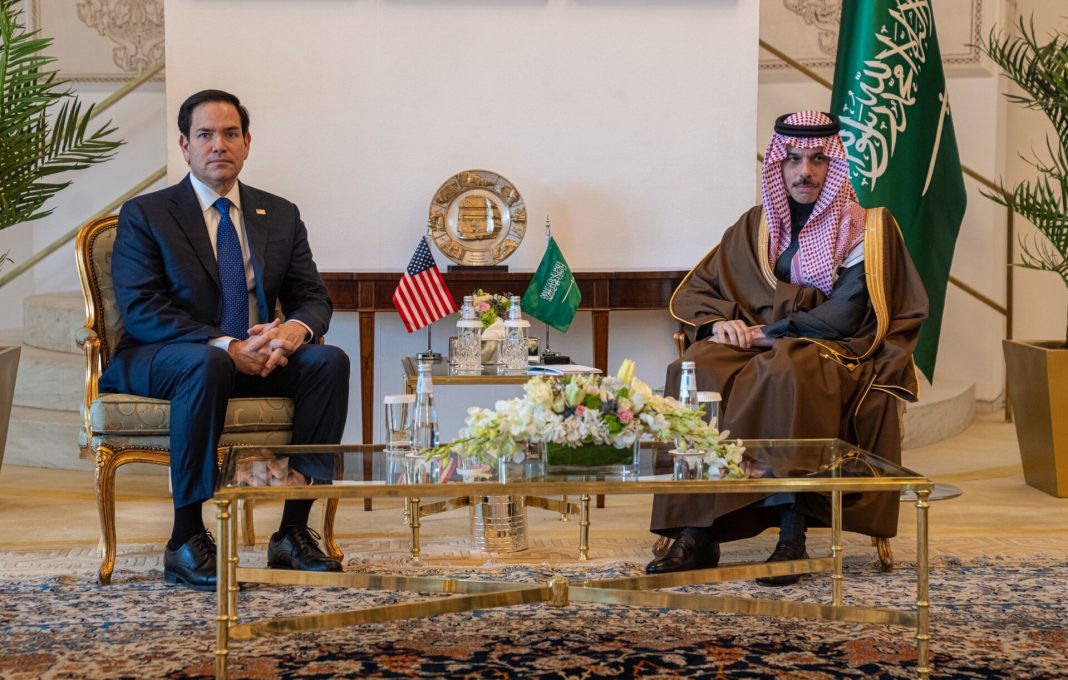 US Secretary of State Marco Rubio meets Saudi Foreign Minister Prince Faisal bin Farhan Al Saud at the Ministry of Foreign Affairs in Riyadh, February 2025