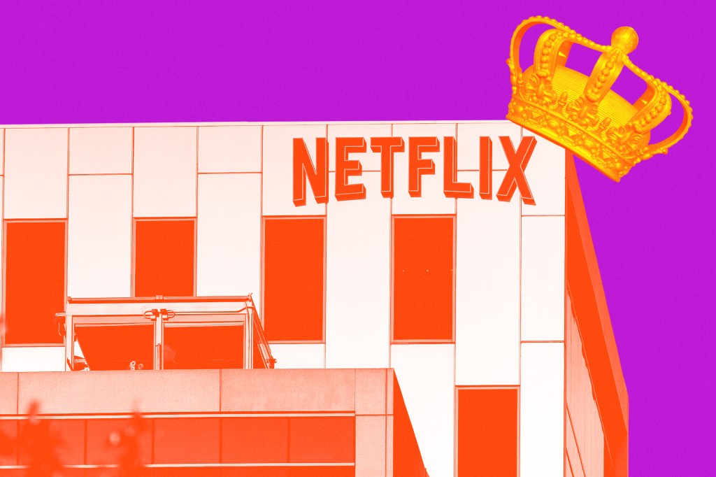 Photo illustration of the Netflix building with a big crown teetering on the top