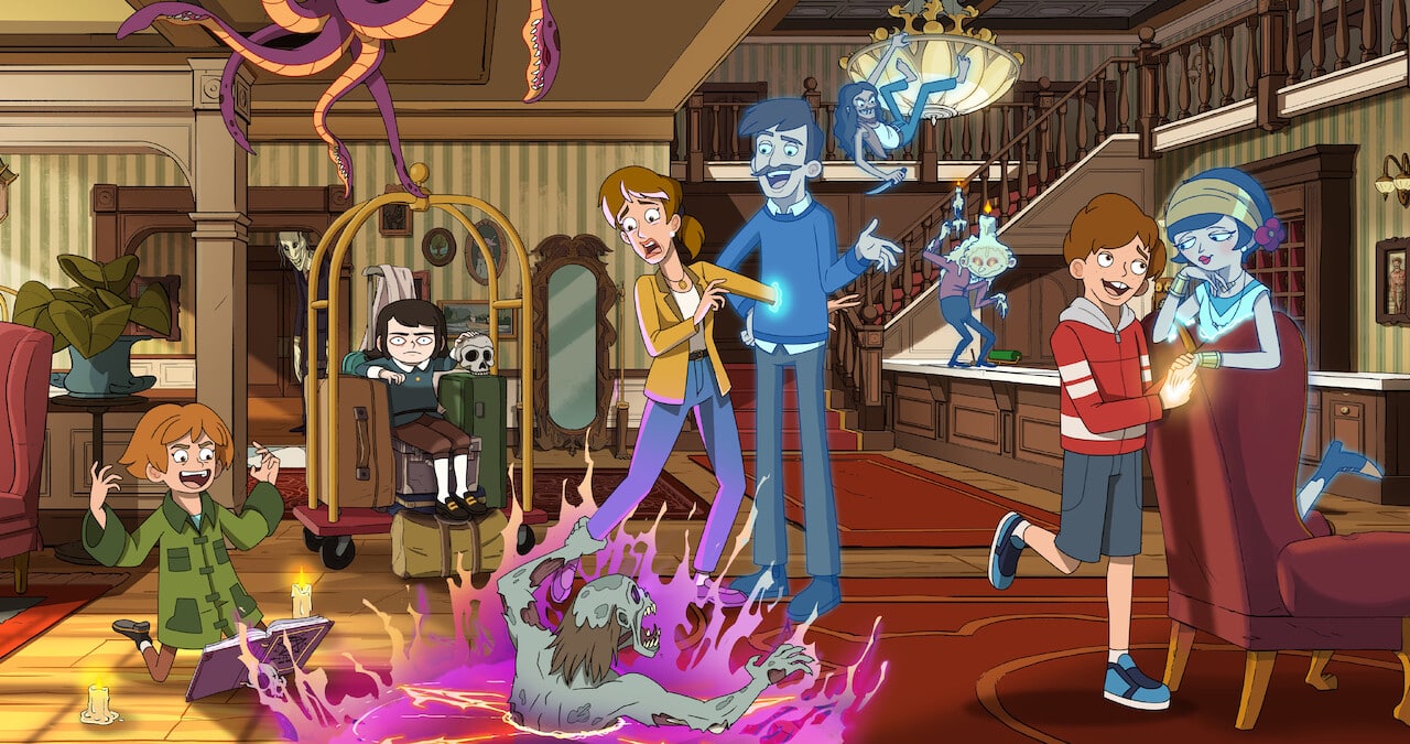 Haunted Hotel Season 3 Is Coming to Netflix in 2027 Animated family members and ghosts in the lobby of the Undervale hotel in Haunted Hotel.