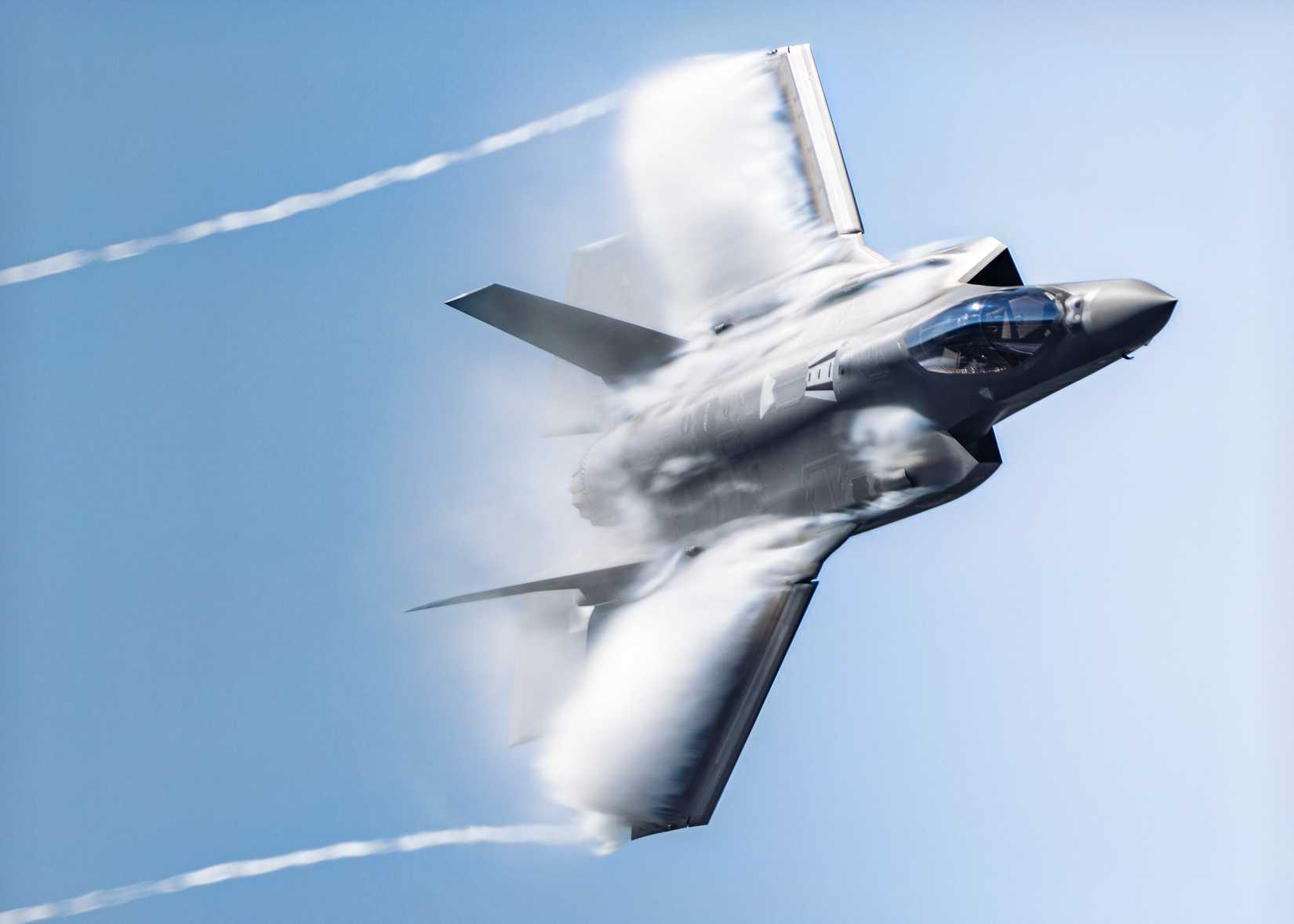 A photo of a F-35A as it breaks the sound barrier.
