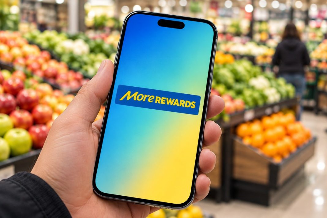 iPhone with Dynamic Island showing the More Rewards logo, held inside a Save-On-Foods style grocery store