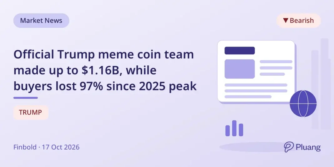 Official Trump meme coin team made up to $1.16B, while buyers lost 97% since 2025 peak