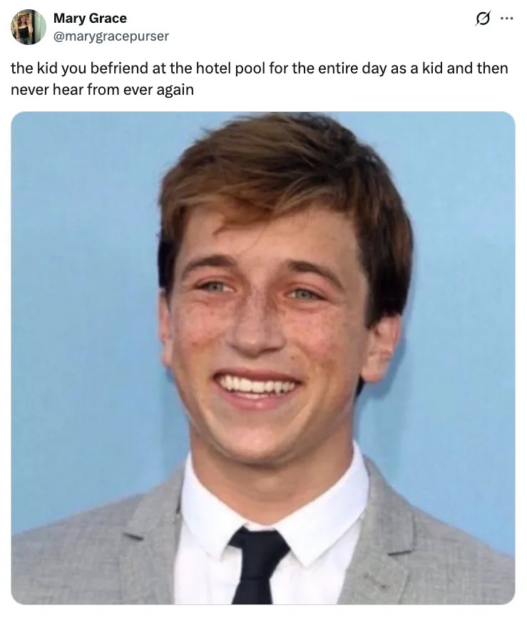 Skyler Gisondo smiling, wearing a light suit and tie. Tweet text above: "the kid you befriend at the hotel pool for the entire day as a kid and then never hear from ever again."
